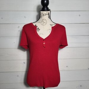 Ashley Stewart Top Ribbed Short-Sleeve Henley Tee Soft Stretch Cotton Plus Size.